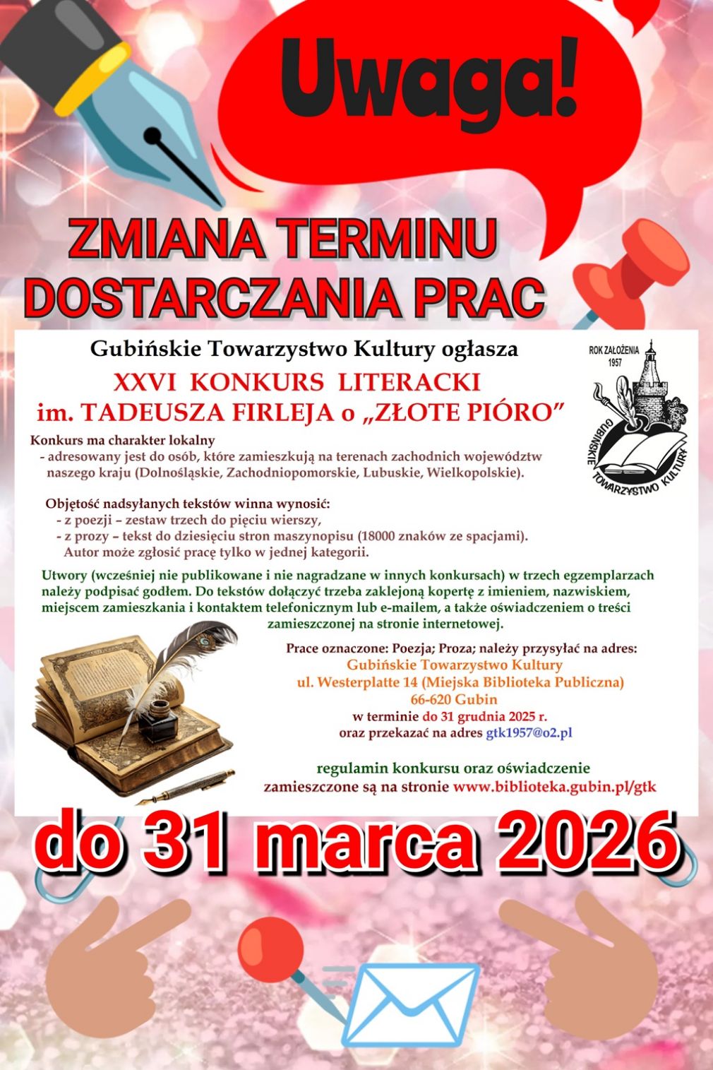 XXVI Konkurs Literacki im. Tadeusza Firleja o "Złote Pióro"- zmiana terminu